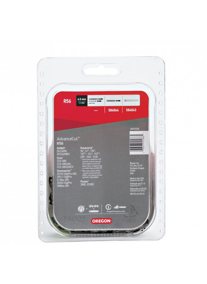 Oregon R56 AdvanceCut Chainsaw Chain for 16-Inch Bar -56 Drive Links low-kickback chain fits Greenworks, Makita, EGO, DeWalt and more