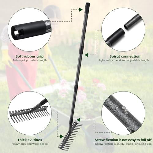 DIIG 63'' Bow Rake ，17 Tines Metal Head Rakes with Stainless Steel Handle，Heavy Duty Garden Rake for Loosening Soil Gathering Leaf Leveling Lawn Farming Land Management Yarn Thatch Rake - Image 3
