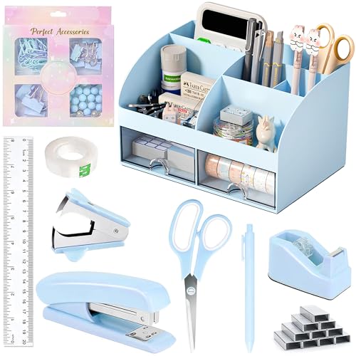 COMFYROOM Desk Accessories with Pen Holder, Office Supplies Desk Organizers and Accessories, Tape Dispenser, Stapler, Staple Remover, Staples, Clips Set, Ruler, Scissor, Pen, Tape (Blue) - Image 1