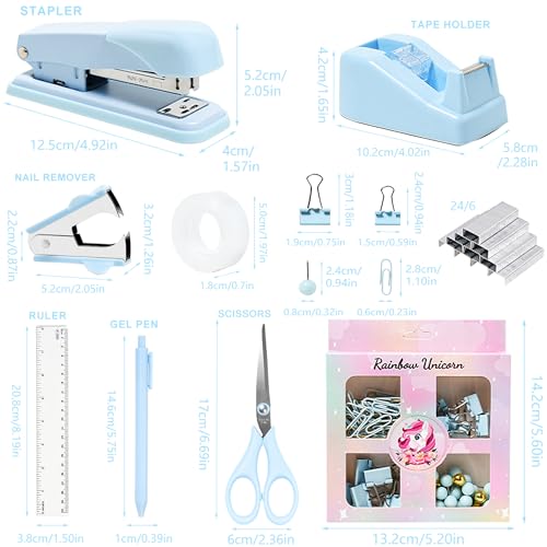 COMFYROOM Desk Accessories with Pen Holder, Office Supplies Desk Organizers and Accessories, Tape Dispenser, Stapler, Staple Remover, Staples, Clips Set, Ruler, Scissor, Pen, Tape (Blue) - Image 4