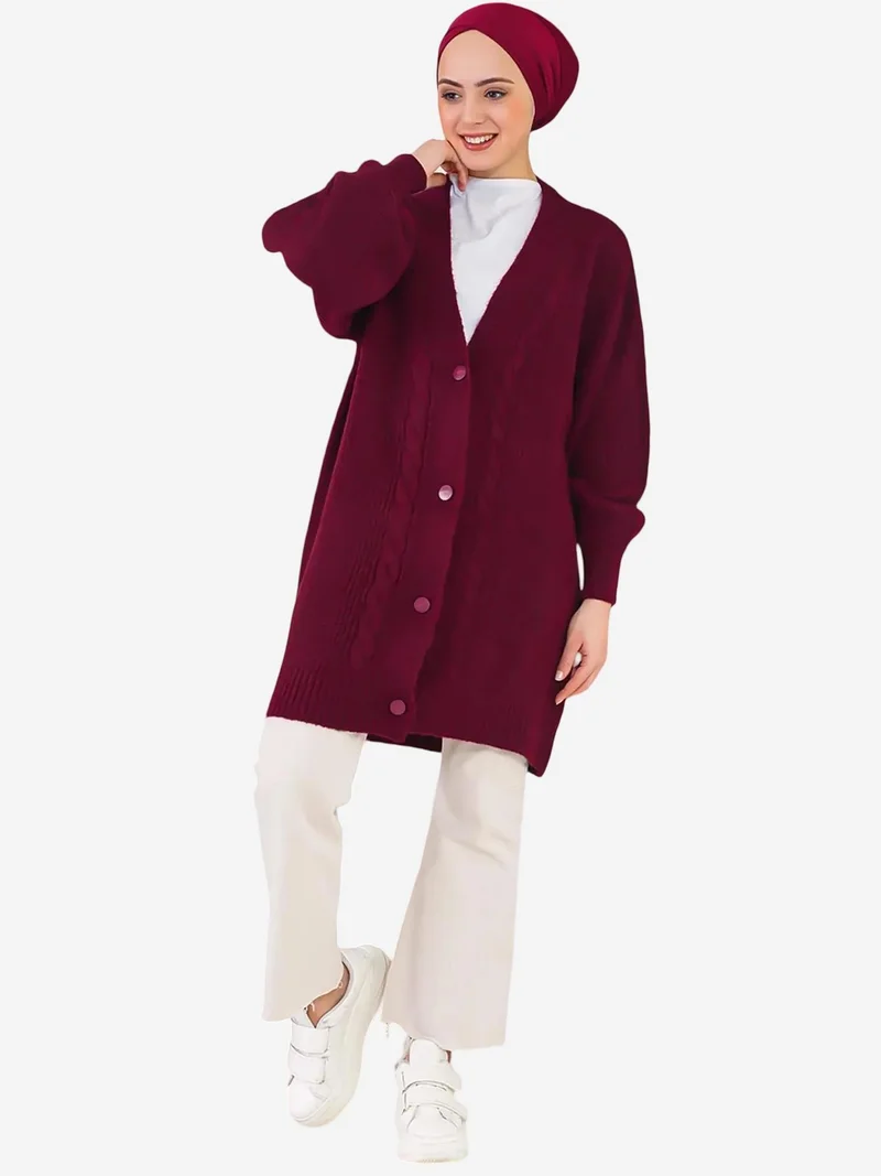 Big Dart Burgundy Red BDART Buttoned V-Neck Jacquard Cardigan for Women | Best Price UAE