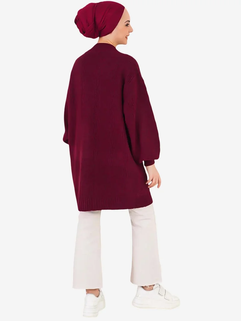 Big Dart Burgundy Red BDART Buttoned V-Neck Jacquard Cardigan for Women | Best Price UAE