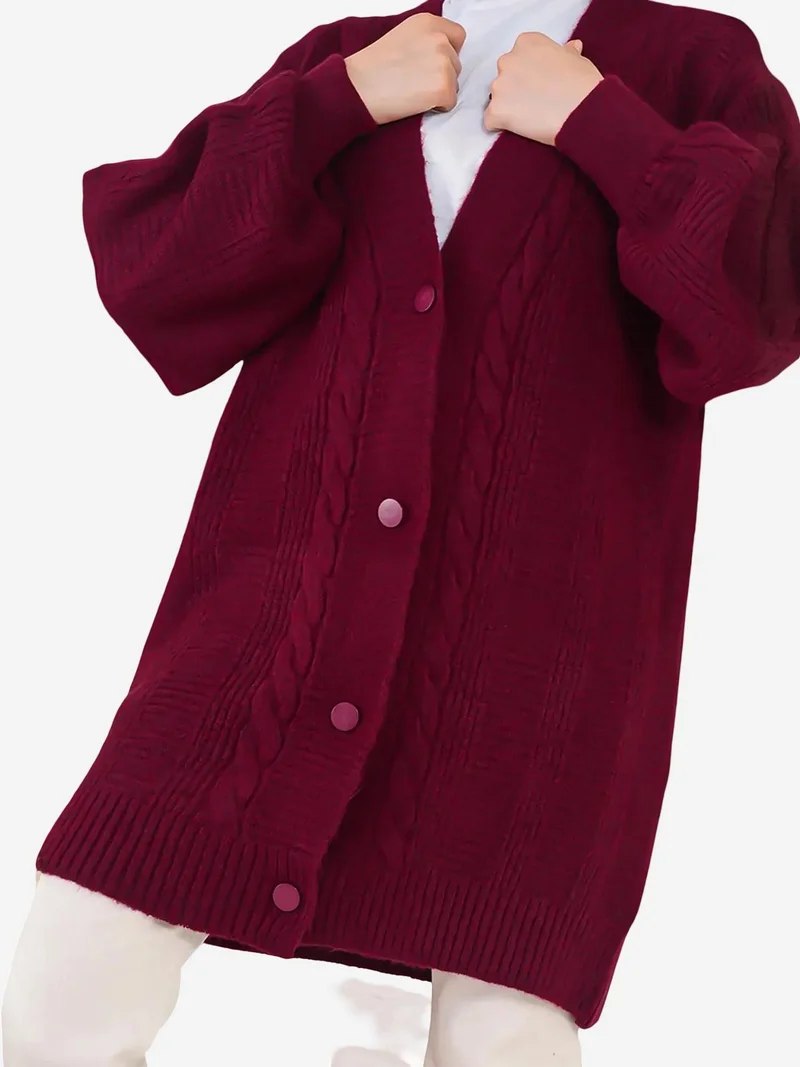 Big Dart Burgundy Red BDART Buttoned V-Neck Jacquard Cardigan for Women | Best Price UAE