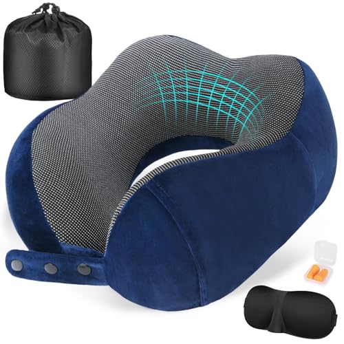 Cirorld Neck Pillow for Traveling, Travel Pillows for Airplanes,100% Pure Memory Foam Travel Neck Pillow, Adjustable Flight Pillow, Portable Plane Accessories with Eye Mask, Earplugs, Carry Bag - Image 1