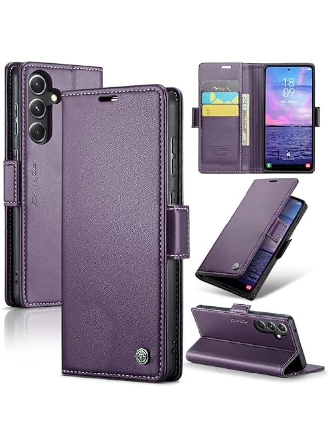 Phone Case Compatible for Samsung Galaxy S23 FE, Protector Scratch Resistant Leather Kickstand Card Slots Money Pocket Purple - Image 1