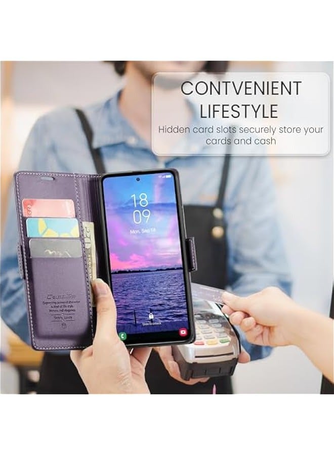 Phone Case Compatible for Samsung Galaxy S23 FE, Protector Scratch Resistant Leather Kickstand Card Slots Money Pocket Purple - Image 3