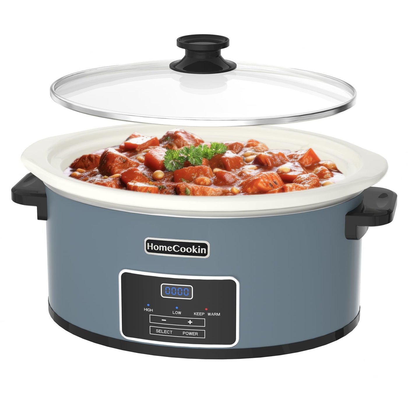 HOMECOOKIN 8-Quart Programmable Slow Cooker with Timer Keep Warm - Small Kitchen Appliance for Family Dinners - Serves 6+ People (Blue)