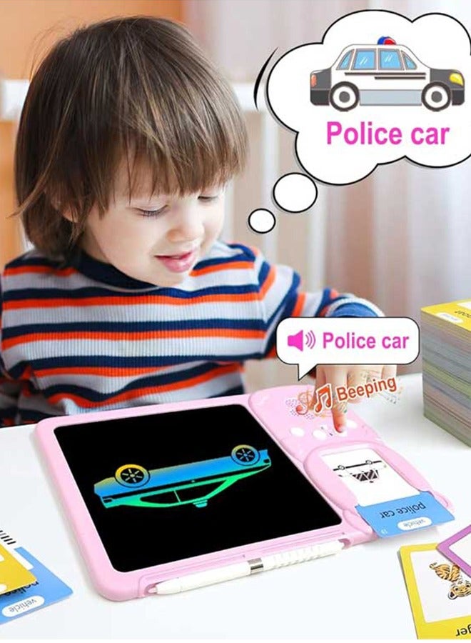 ألعاب تعليمية للأطفال، 112 بطاقة تعليمية ناطقة ثنائية اللغة + لوحة رسم إلكترونية للأطفال بعمر 1،2،3،4،5 سنوات - لعبة تعليمية بالإنجليزية والعربية، ألعاب تعليمية للأطفال الصغار، لوحة ذكية للنمو المبكر مع 224 كلمة، شحن عبر USB، باللون الوردي - Image 2