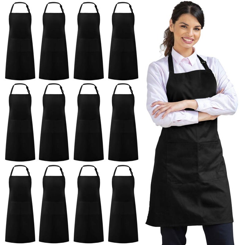 Syntus 12 Pack Bib Apron Unisex Aprons Adjustable Waterdrop Resistant with 2 Pockets Cooking Kitchen Apron for Chef BBQ Drawing Apron Bulk Black