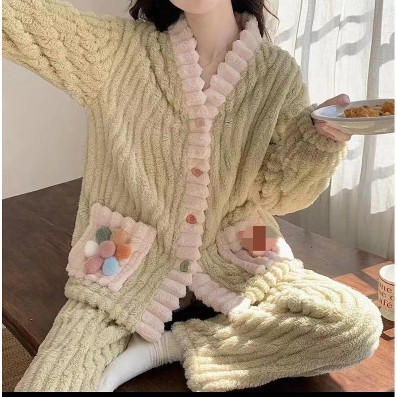 Rainbow Cardigan Pajamas for Women - Flannel Thickened Warm Robe, Comfortable Outwear for  Autumn/Winter