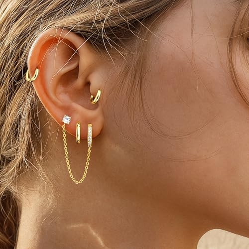 Poxtex Gold Chain Hoop Stud Earrings for Women, Huggie Small Stack Cartilage Chain Hoop Stud Earring Sets for Multiple Double Piercing, Conch Helix Rook Tragus Daith Piercing Clip On Jewelry Set Gifts for Women - Image 2