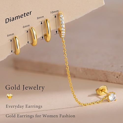 Poxtex Gold Chain Hoop Stud Earrings for Women, Huggie Small Stack Cartilage Chain Hoop Stud Earring Sets for Multiple Double Piercing, Conch Helix Rook Tragus Daith Piercing Clip On Jewelry Set Gifts for Women - Image 3