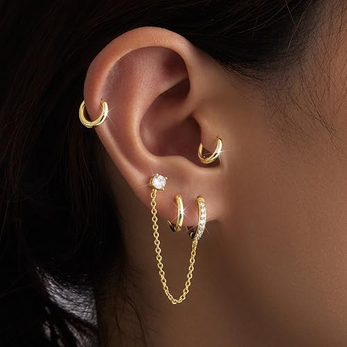 Poxtex Gold Chain Hoop Stud Earrings for Women, Huggie Small Stack Cartilage Chain Hoop Stud Earring Sets for Multiple Double Piercing, Conch Helix Rook Tragus Daith Piercing Clip On Jewelry Set Gifts for Women - Image 5