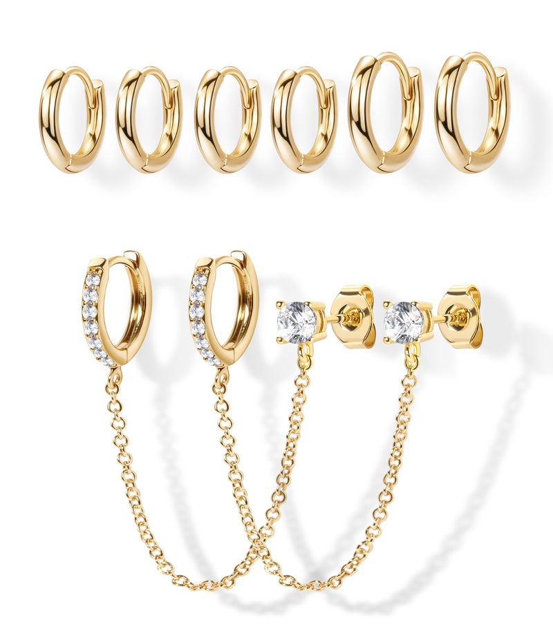 Poxtex Gold Chain Hoop Stud Earrings for Women, Huggie Small Stack Cartilage Chain Hoop Stud Earring Sets for Multiple Double Piercing, Conch Helix Rook Tragus Daith Piercing Clip On Jewelry Set Gifts for Women - Image 1