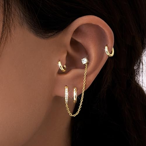 Poxtex Gold Chain Hoop Stud Earrings for Women, Huggie Small Stack Cartilage Chain Hoop Stud Earring Sets for Multiple Double Piercing, Conch Helix Rook Tragus Daith Piercing Clip On Jewelry Set Gifts for Women - Image 4