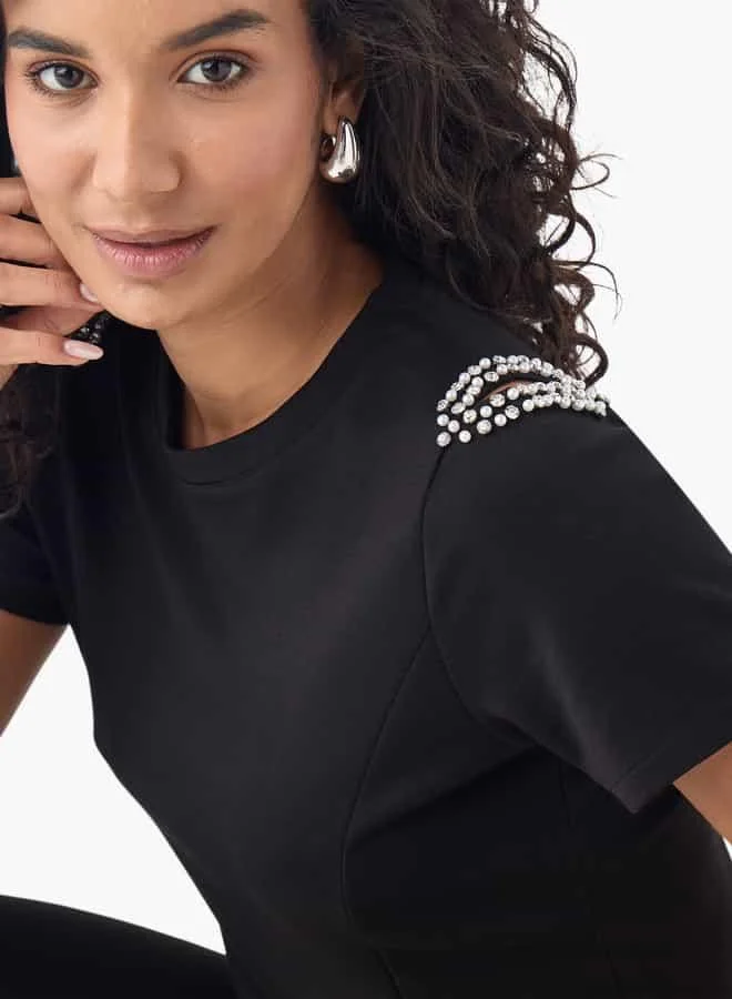 2Xtremz 2Xtremz Embellished Crew Neck T-shirt with Pleated Detail
