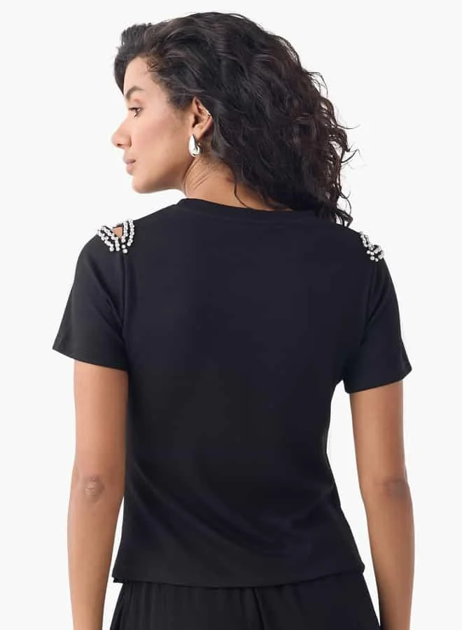 2Xtremz 2Xtremz Embellished Crew Neck T-shirt with Pleated Detail