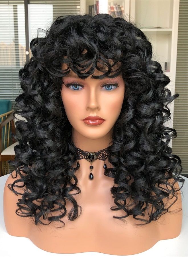 Annivia Curly Wig with Bangs for Black Women Black Kinky Long Curly Wig Synthetic Hair Daily Use Cosplay 17 Inch - Image 2