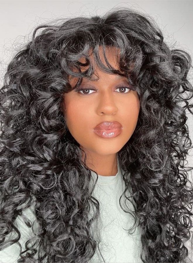 Annivia Curly Wig with Bangs for Black Women Black Kinky Long Curly Wig Synthetic Hair Daily Use Cosplay 17 Inch - Image 1