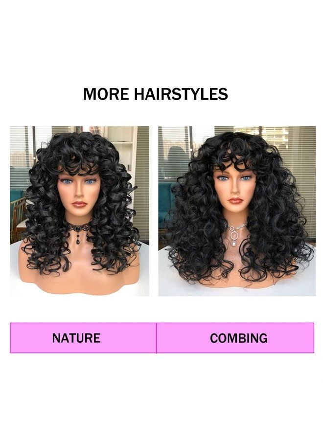 Annivia Curly Wig with Bangs for Black Women Black Kinky Long Curly Wig Synthetic Hair Daily Use Cosplay 17 Inch - Image 3