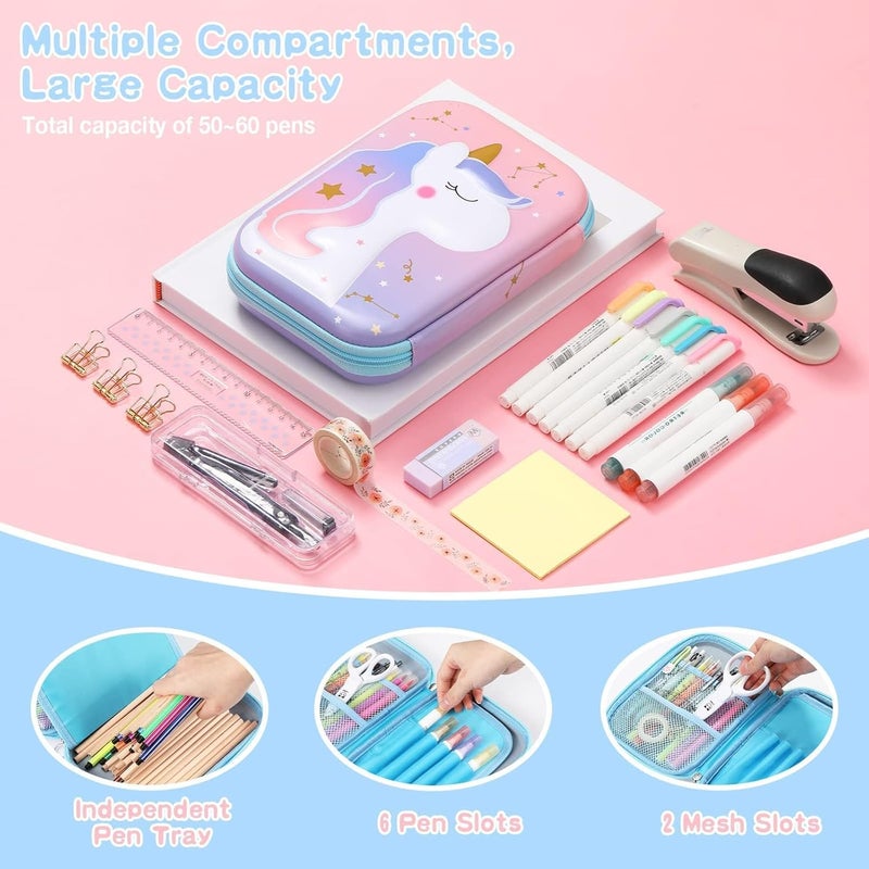 جيه زد اس حافظة أقلام، مجموعة أدوات مكتبية للأطفال، منظم صندوق أقلام مع حجرة، حامل أقلام وحقيبة تخزين أقلام، لوازم مدرسية للأطفال، هدايا العودة إلى المدرسة (يونيكورن أرجواني) - Image 3