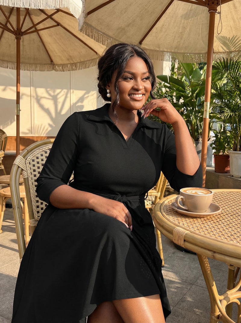 FANDEE Black Casual Dresses for Women Semi Formal Fit and Flare 3/4 Sleeve A-line Church Work Dress with Pockets L - Image 3