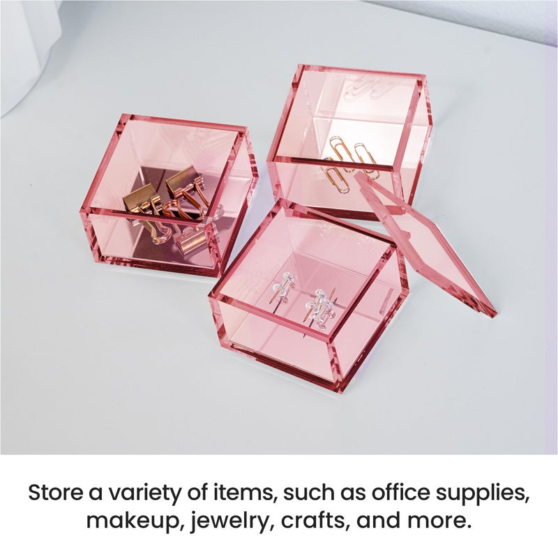 OfficeGoods 3-Tier Stackable Acrylic Holder- Stylish Desk Organizer and Storage for Office or Home â€“ Transparent Square Design, Pink with Silver Metal Base - Image 3