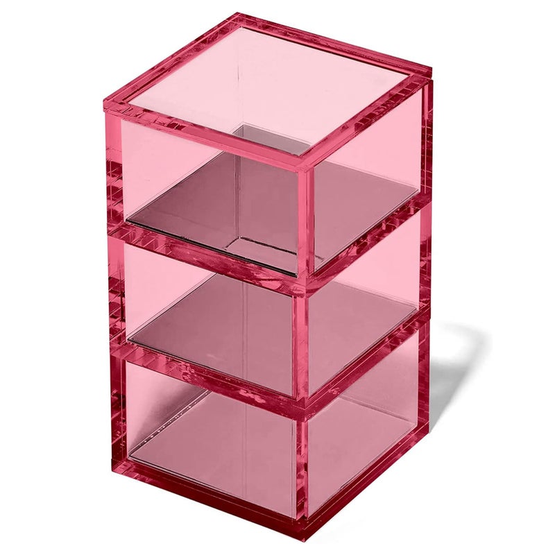 OfficeGoods 3-Tier Stackable Acrylic Holder- Stylish Desk Organizer and Storage for Office or Home â€“ Transparent Square Design, Pink with Silver Metal Base - Image 1