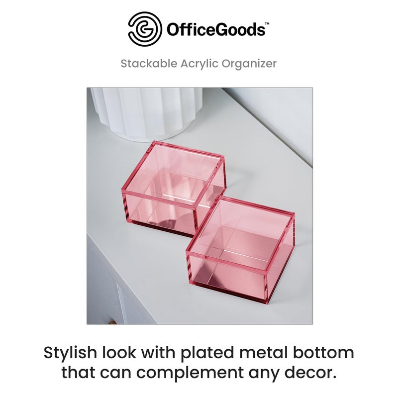 OfficeGoods 3-Tier Stackable Acrylic Holder- Stylish Desk Organizer and Storage for Office or Home â€“ Transparent Square Design, Pink with Silver Metal Base - Image 2