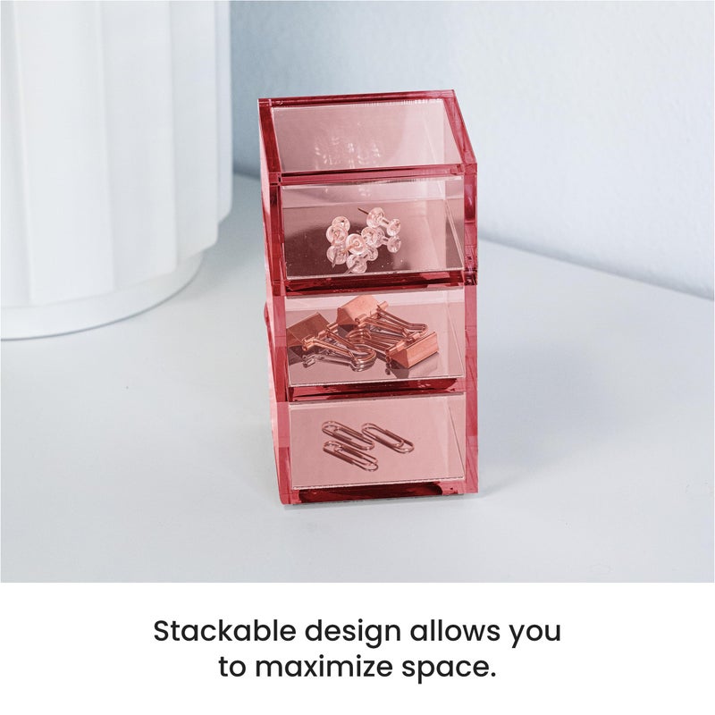 OfficeGoods 3-Tier Stackable Acrylic Holder- Stylish Desk Organizer and Storage for Office or Home â€“ Transparent Square Design, Pink with Silver Metal Base - Image 4