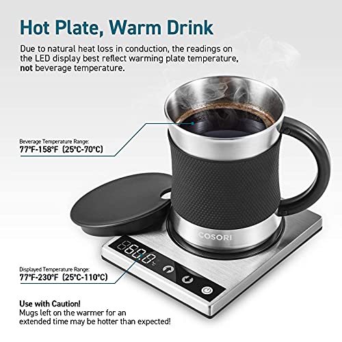 COSORI Coffee Mug Warmer & Mug Set for Desk, Cup Heater, Office & Christmas Gifts, 1°F Precise Temperature Control, Touch Tech & LCD Digital Display (77-194℉), 304 Stainless Steel, Silver/Black - Image 5