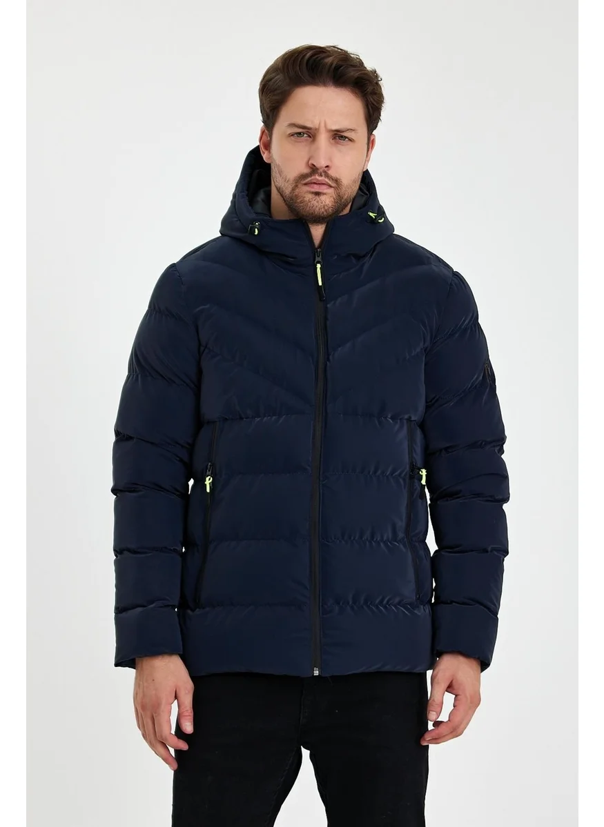 Sivaist Navy Blue Nano Fabric Water and Windproof Hooded Thick Puffer Coat & Jacket