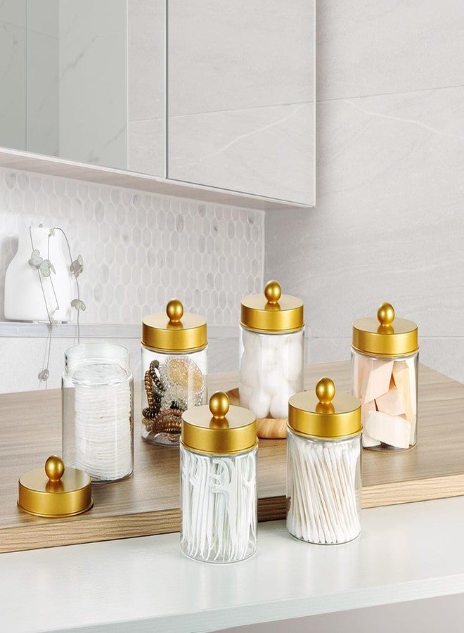 Amolliar Qtip Holder Dispenser - 8 oz Plastic Apothecary Jar Containers for Vanity Makeup Countertop Organizer Storage -Bathroom Canister Accessories Set for Cotton Swab, Ball, Pads, Floss-Gold (6) - Image 5