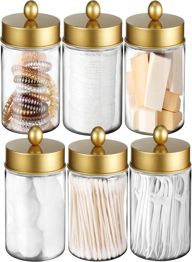 Amolliar Qtip Holder Dispenser - 8 oz Plastic Apothecary Jar Containers for Vanity Makeup Countertop Organizer Storage -Bathroom Canister Accessories Set for Cotton Swab, Ball, Pads, Floss-Gold (6) - Image 1