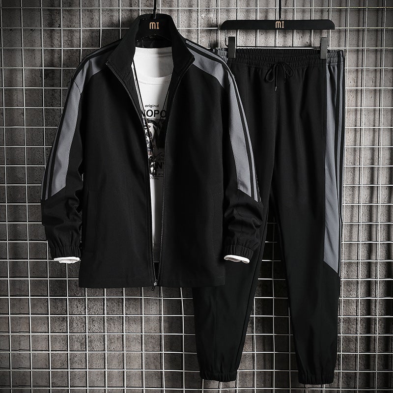 2024 Spring Autumn Mens Sport Jacket Trousers 2-Piece Set Casual Striped Stand Collar Cardigan Suit Khaki  - Image 2