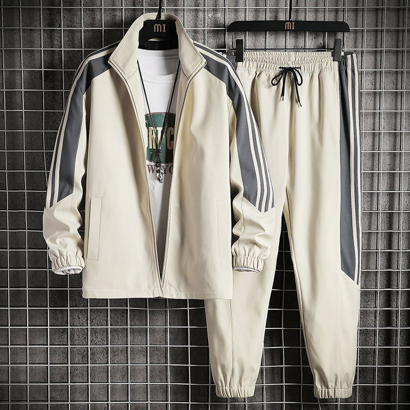 2024 Spring Autumn Mens Sport Jacket Trousers 2-Piece Set Casual Striped Stand Collar Cardigan Suit Khaki  - Image 1