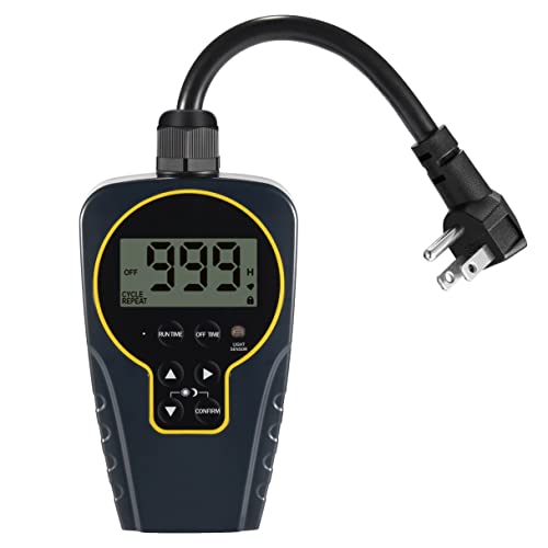 Techbee 1 s to 999 h Short/Long On-Off Interval Repeat Cycle Timer Plug Outlet with Countdown and Light Sensor, Waterproof for Outdoor (15A 1HP) - Image 1