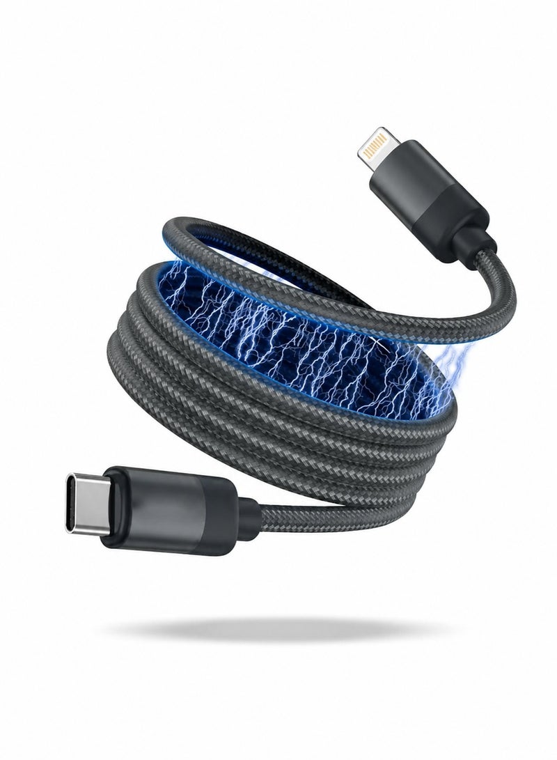 سلك شحن 27 واط مغناطيسي ذاتي الالتفاف من USB-C إلى Lightning – نسياج نايلون، شحن سريع ومزامنة، تصميم مقاوم للتشابك، متوافق مع آيفون وآيباد وآيربودز - Image 1