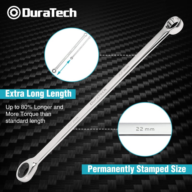 DURATECH Extra Long Ratcheting Wrench Set, Double Box End Wrench Set, Metric, 9-Piece, 8,10,12,13,14,16,17,19,22 mm, CR-V Steel, with EVA Foam Tool Organizer - Image 3