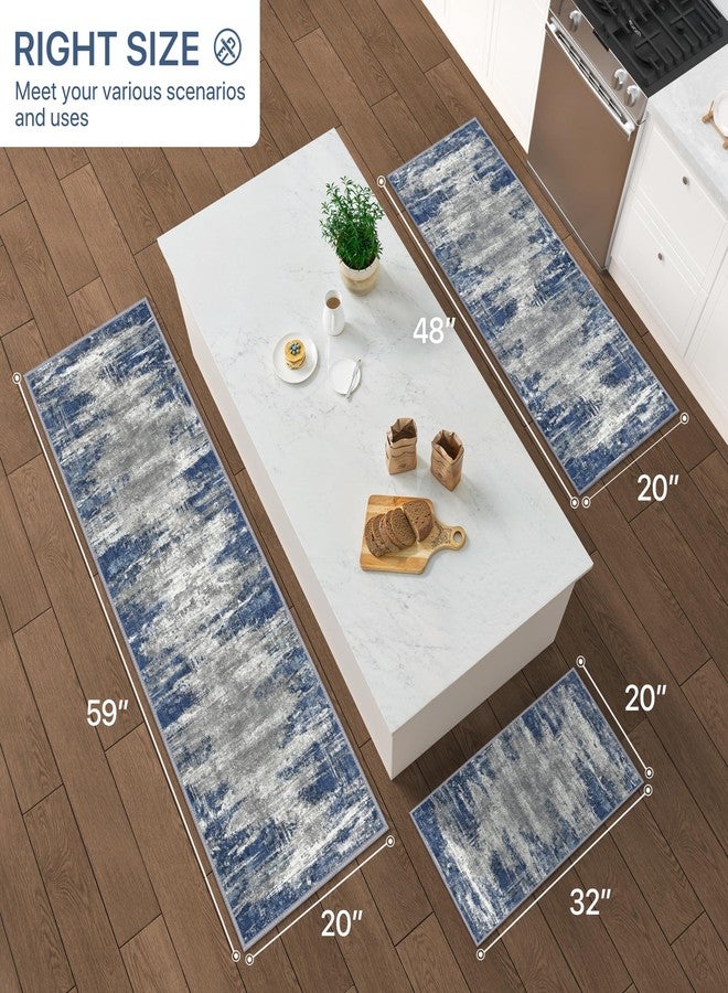 GENIMO Kitchen Rugs Sets of 3 Non Slip Washable Kitchen Mats for Floor, Waterproof Abstract Kitchen Runner Rug, Floor Mat Carpet for Hallway, Laundry, Sink, Entryway, Bathroom, Blue&Ivory - Image 2