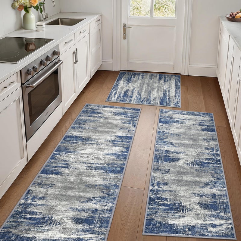 GENIMO Kitchen Rugs Sets of 3 Non Slip Washable Kitchen Mats for Floor, Waterproof Abstract Kitchen Runner Rug, Floor Mat Carpet for Hallway, Laundry, Sink, Entryway, Bathroom, Blue&Ivory - Image 1