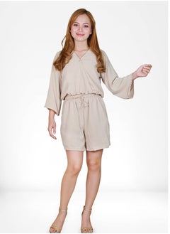 Women's Overlapping Crop Top and Shorts Co-ord Set- Beige