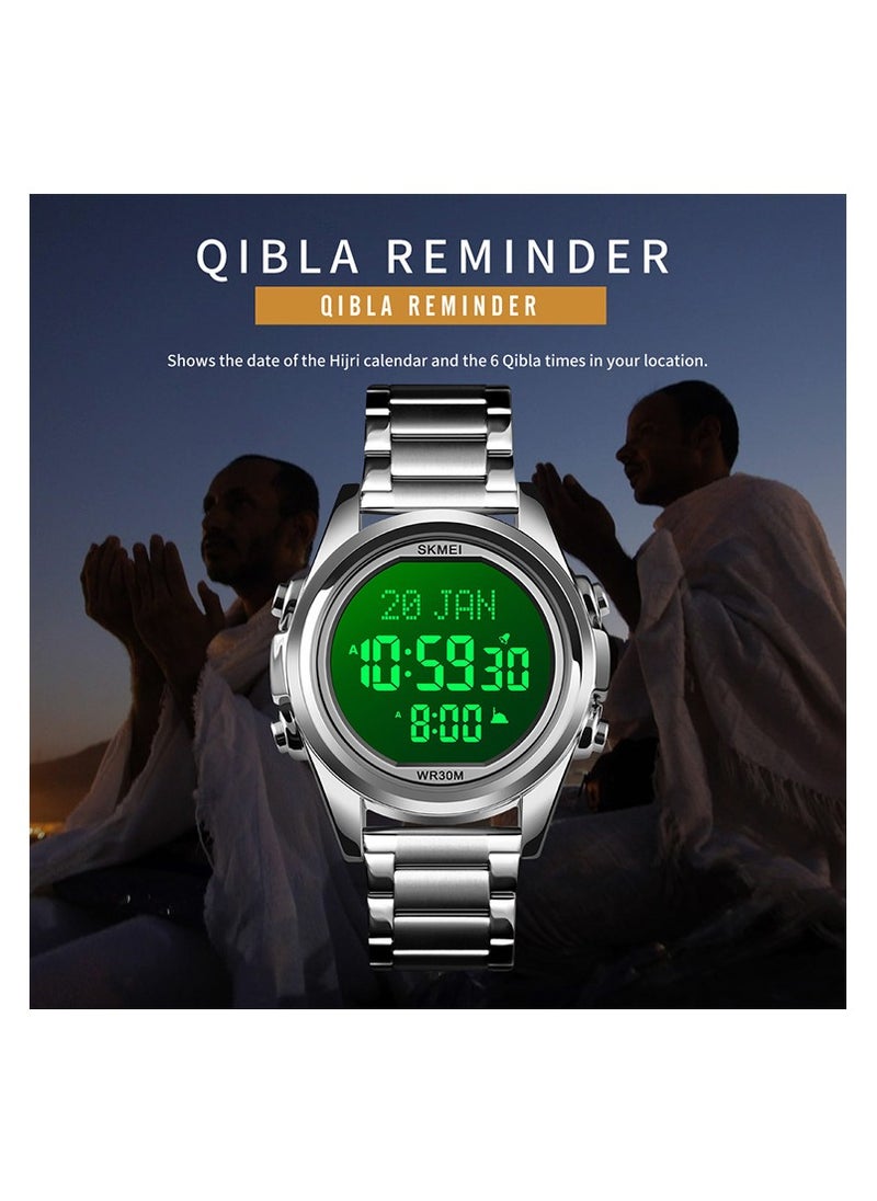 SKMEI - SKMEI Men's -1667 Stainless Steel Back Digital Alfajr Azan Prayer Wrist Watch - 44 mm - Silver - Image 1