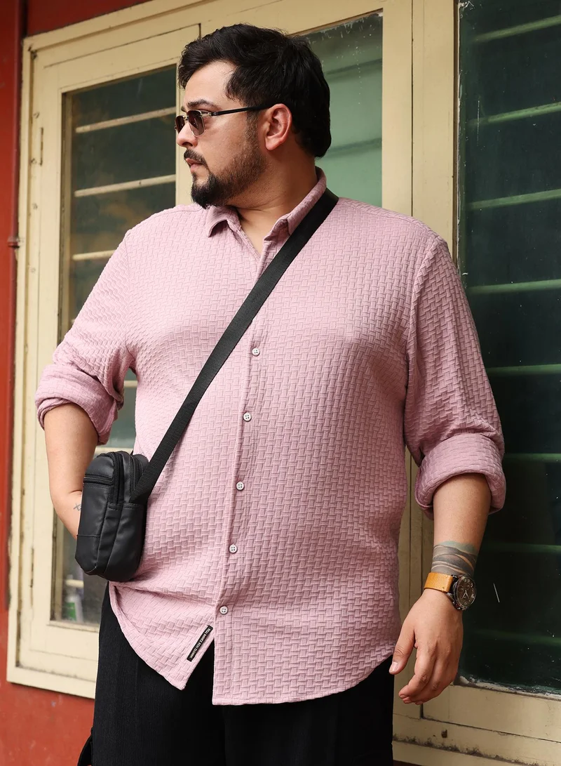 انستافاب بلس Instafab Plus Men Basket-Knit Jacquard Shirt | Spread Collar , Long Cuffed Sleeves | Button Closure , Curved Hem | Geometric Jacquard | Knitted Fabric For Casual & Daily Wear | Rose Pink