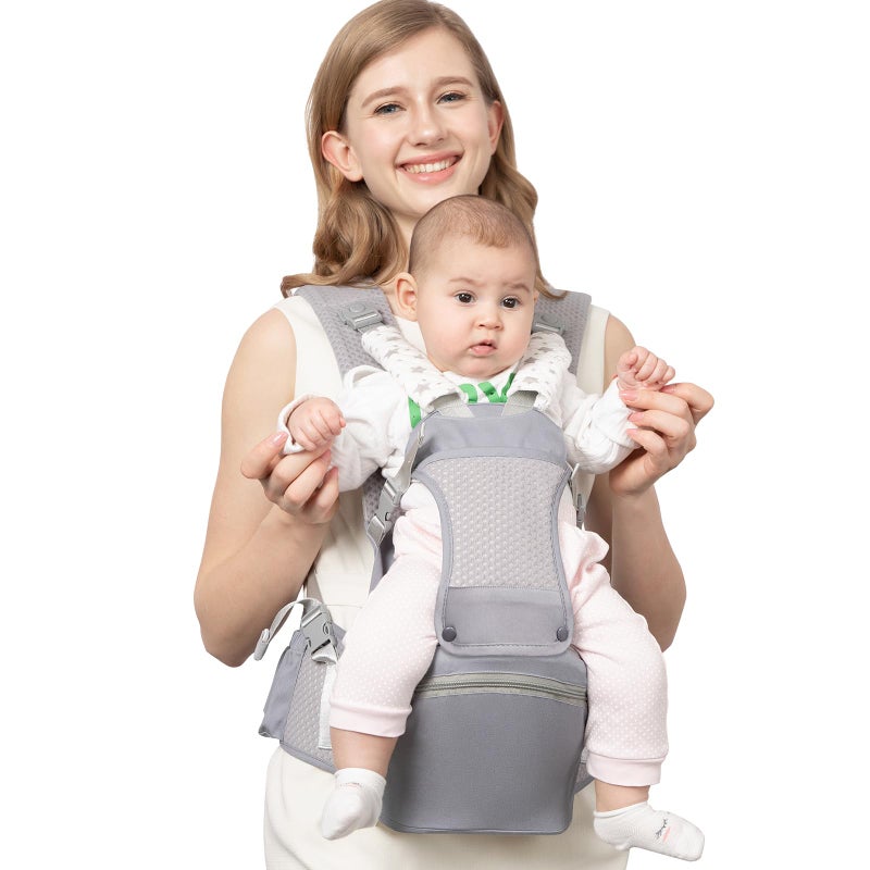 fisca Baby Carrier with Hip Seat for Newborn to Toddler, 6-in-1 Ergonomic Infant Carrier for 0-36 Month Baby, All Positions Soft Breathable Mesh Wrap Carrier with Waist Stool, Baby Holder-Grey - Image 1
