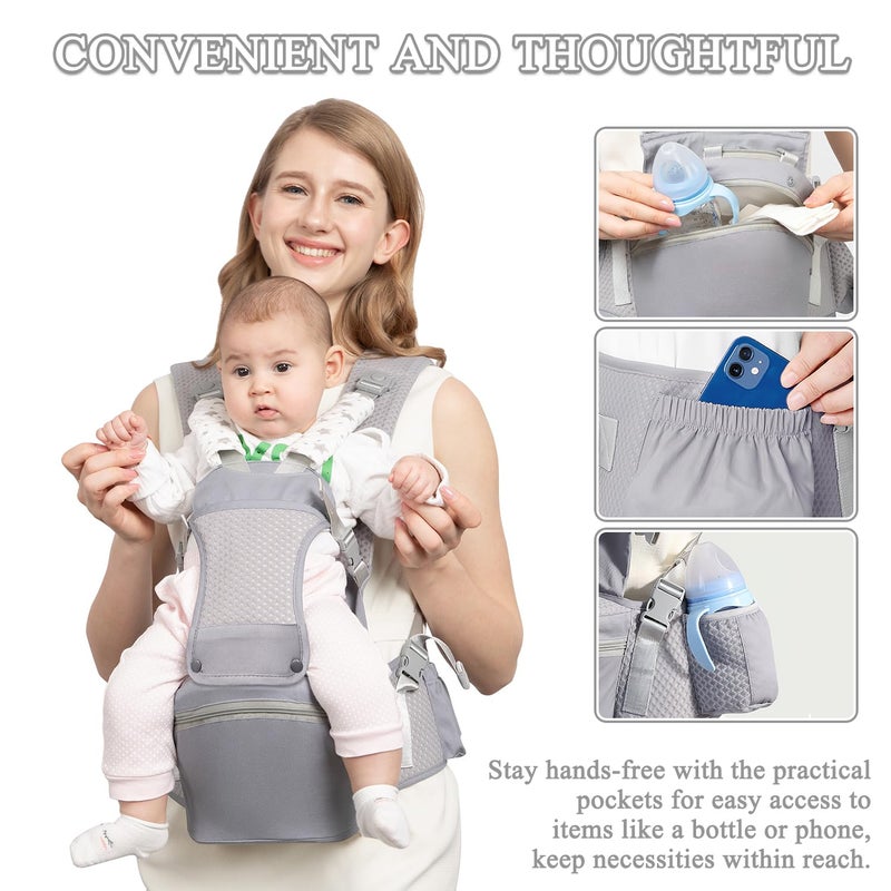 fisca Baby Carrier with Hip Seat for Newborn to Toddler, 6-in-1 Ergonomic Infant Carrier for 0-36 Month Baby, All Positions Soft Breathable Mesh Wrap Carrier with Waist Stool, Baby Holder-Grey - Image 5