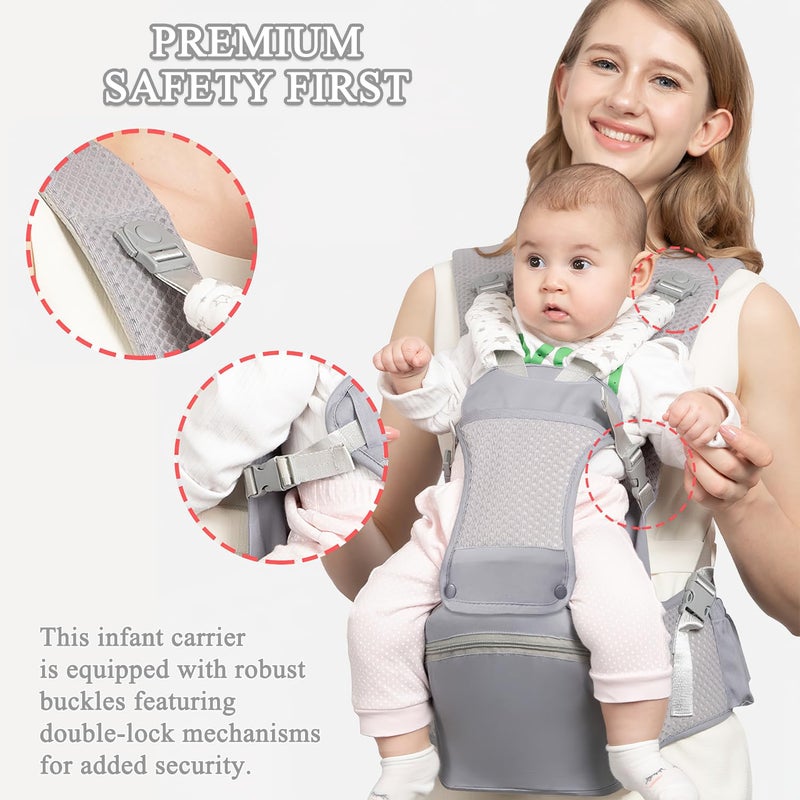 fisca Baby Carrier with Hip Seat for Newborn to Toddler, 6-in-1 Ergonomic Infant Carrier for 0-36 Month Baby, All Positions Soft Breathable Mesh Wrap Carrier with Waist Stool, Baby Holder-Grey - Image 4