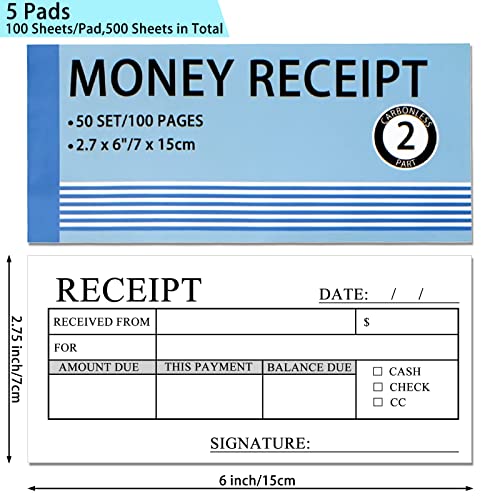 SCORYULE Money and Rent Receipt Book 5 Pack/250 Sets, 2-Part, 2.75"x6" Carbonless Copy Receipt Book with Cardboard and Waterproof Cover (50 Sets Per Book) - Image 2