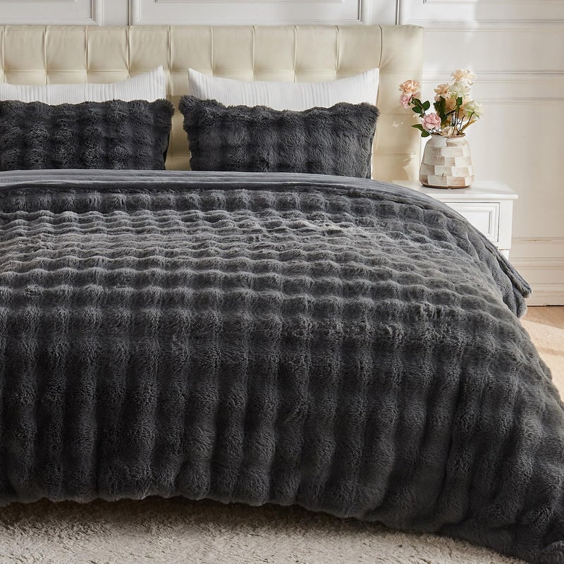 Lotus Karen Lotus Karen Fluffy Comforter Cover Set-Rabbit Fluff Faux Fur Duvet Cover Queen Size Dark Gray Plush Fuzzy Furry Bedding Sets 3Pieces(1 Duvet Cover & 2 Pillow Shams) Zipper Closure  - Image 1