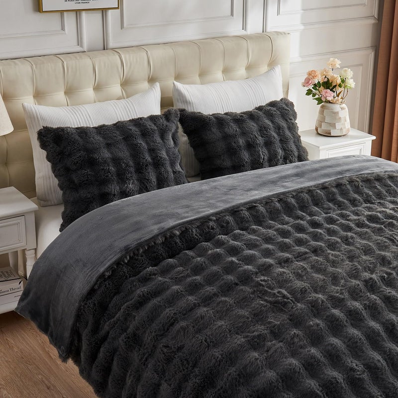 Lotus Karen Lotus Karen Fluffy Comforter Cover Set-Rabbit Fluff Faux Fur Duvet Cover Queen Size Dark Gray Plush Fuzzy Furry Bedding Sets 3Pieces(1 Duvet Cover & 2 Pillow Shams) Zipper Closure  - Image 5